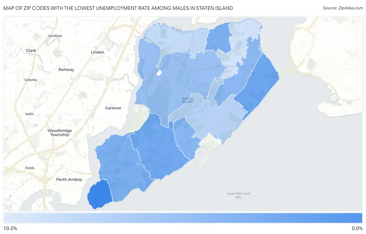 Zip Codes with the Lowest Unemployment Rate Among Males in Staten Island Map