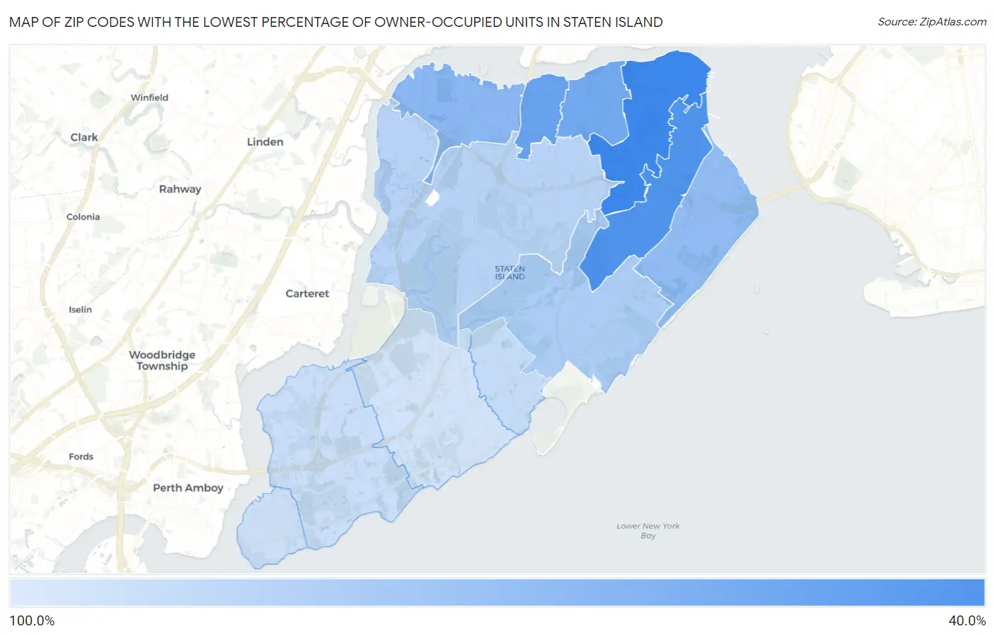 Zip Codes with the Lowest Percentage of Owner-Occupied Units in Staten Island Map