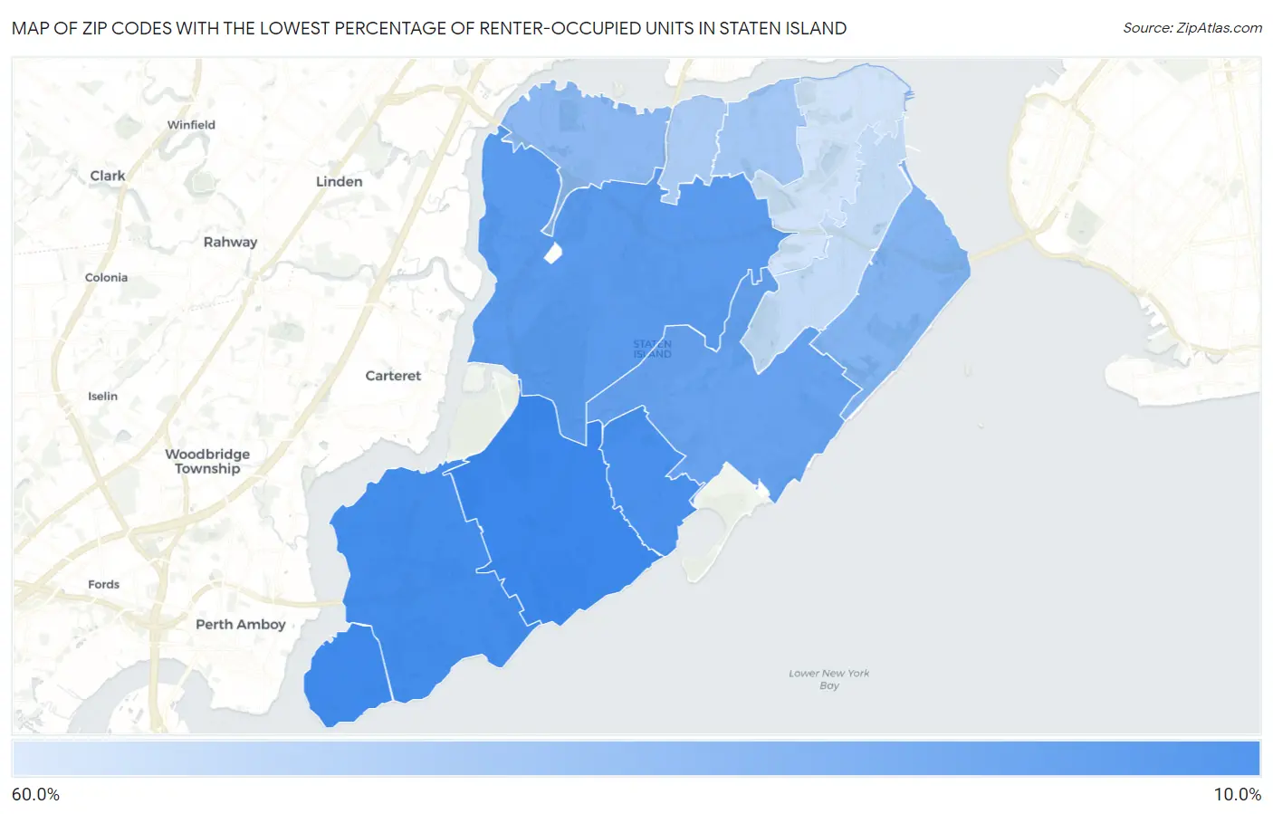 Zip Codes with the Lowest Percentage of Renter-Occupied Units in Staten Island Map