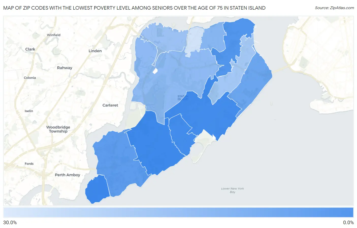 Zip Codes with the Lowest Poverty Level Among Seniors Over the Age of 75 in Staten Island Map