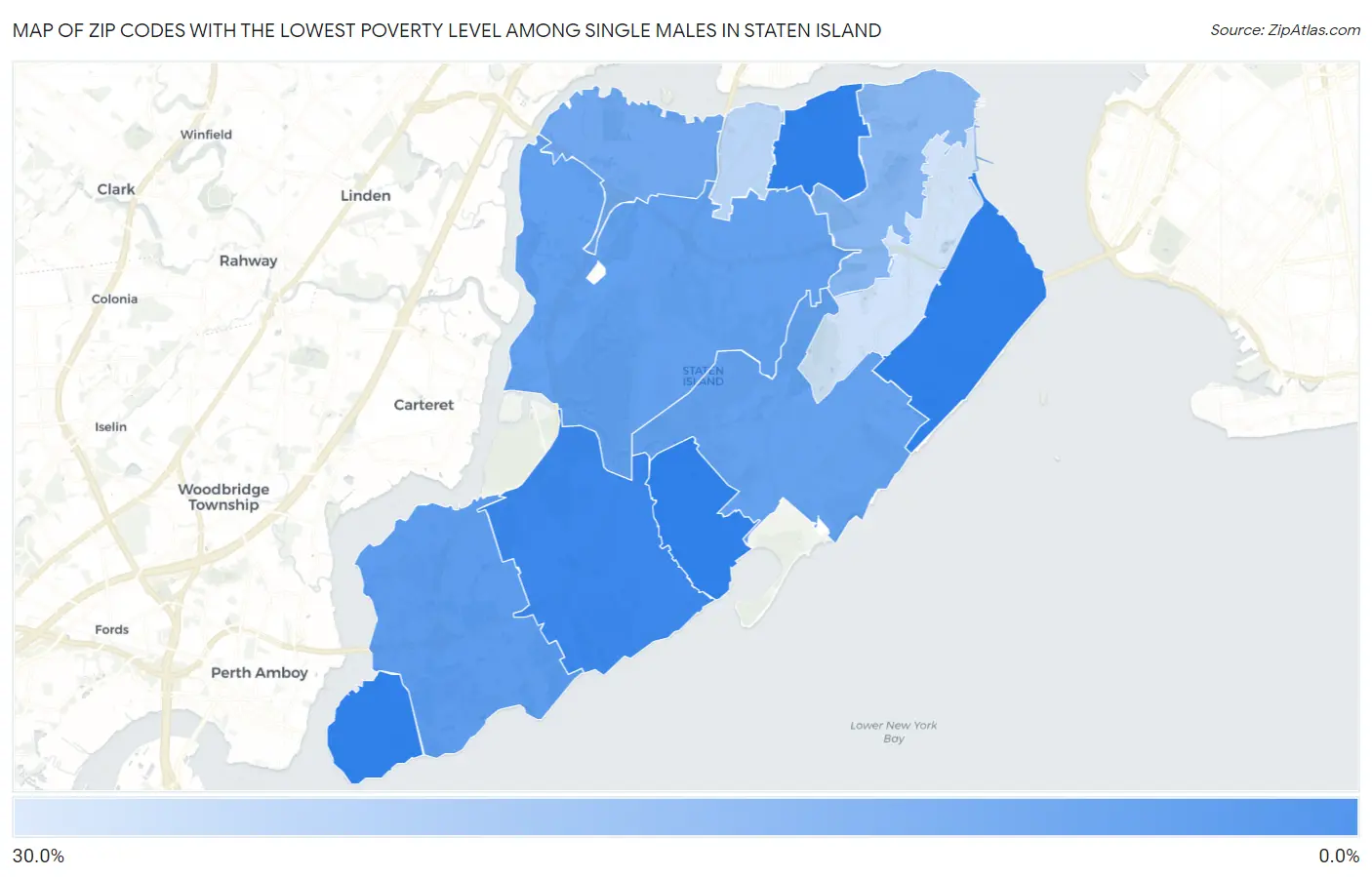 Zip Codes with the Lowest Poverty Level Among Single Males in Staten Island Map