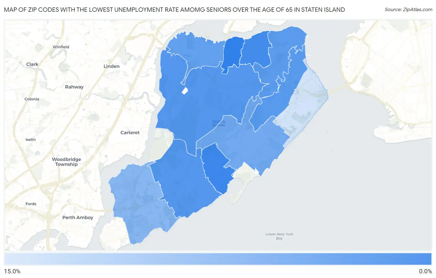 Zip Codes with the Lowest Unemployment Rate Amomg Seniors Over the Age of 65 in Staten Island Map