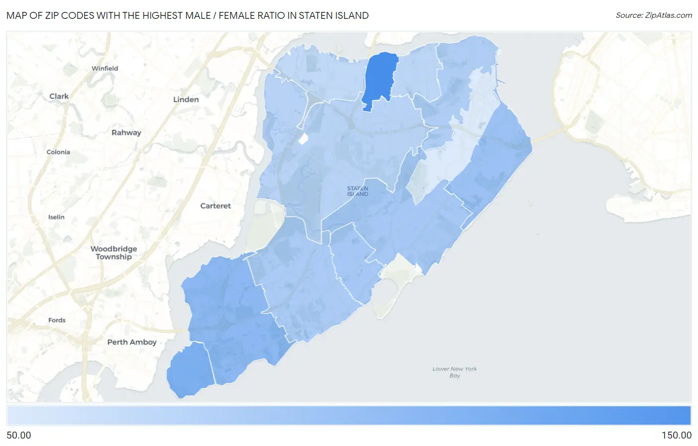 Zip Codes with the Highest Male / Female Ratio in Staten Island Map