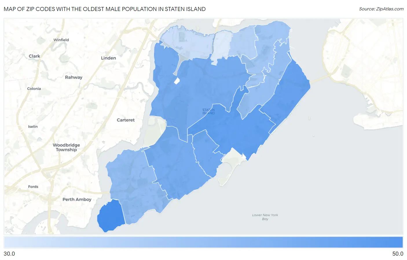 Zip Codes with the Oldest Male Population in Staten Island Map