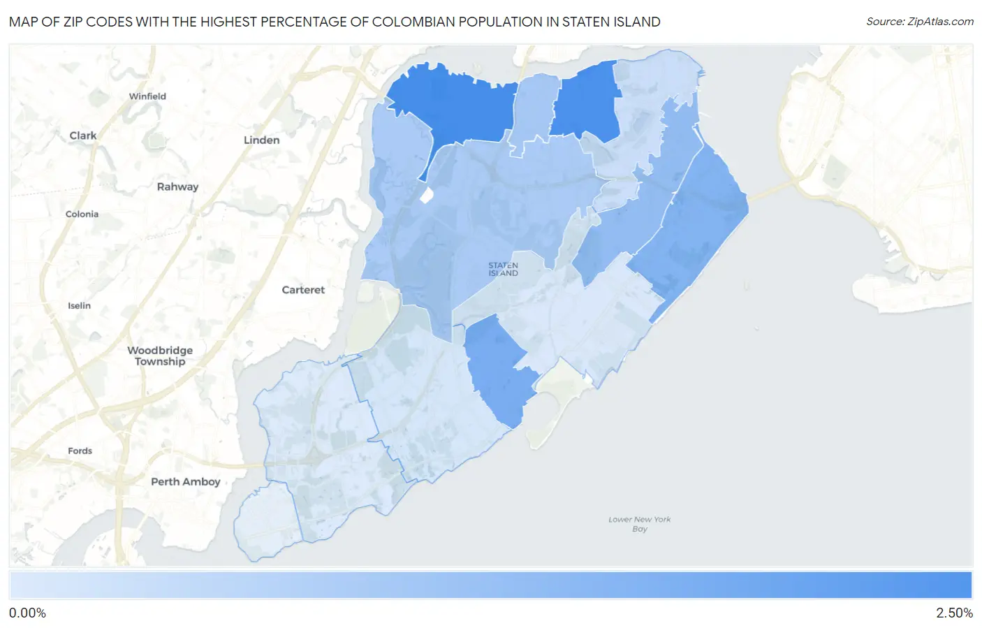 Zip Codes with the Highest Percentage of Colombian Population in Staten Island Map