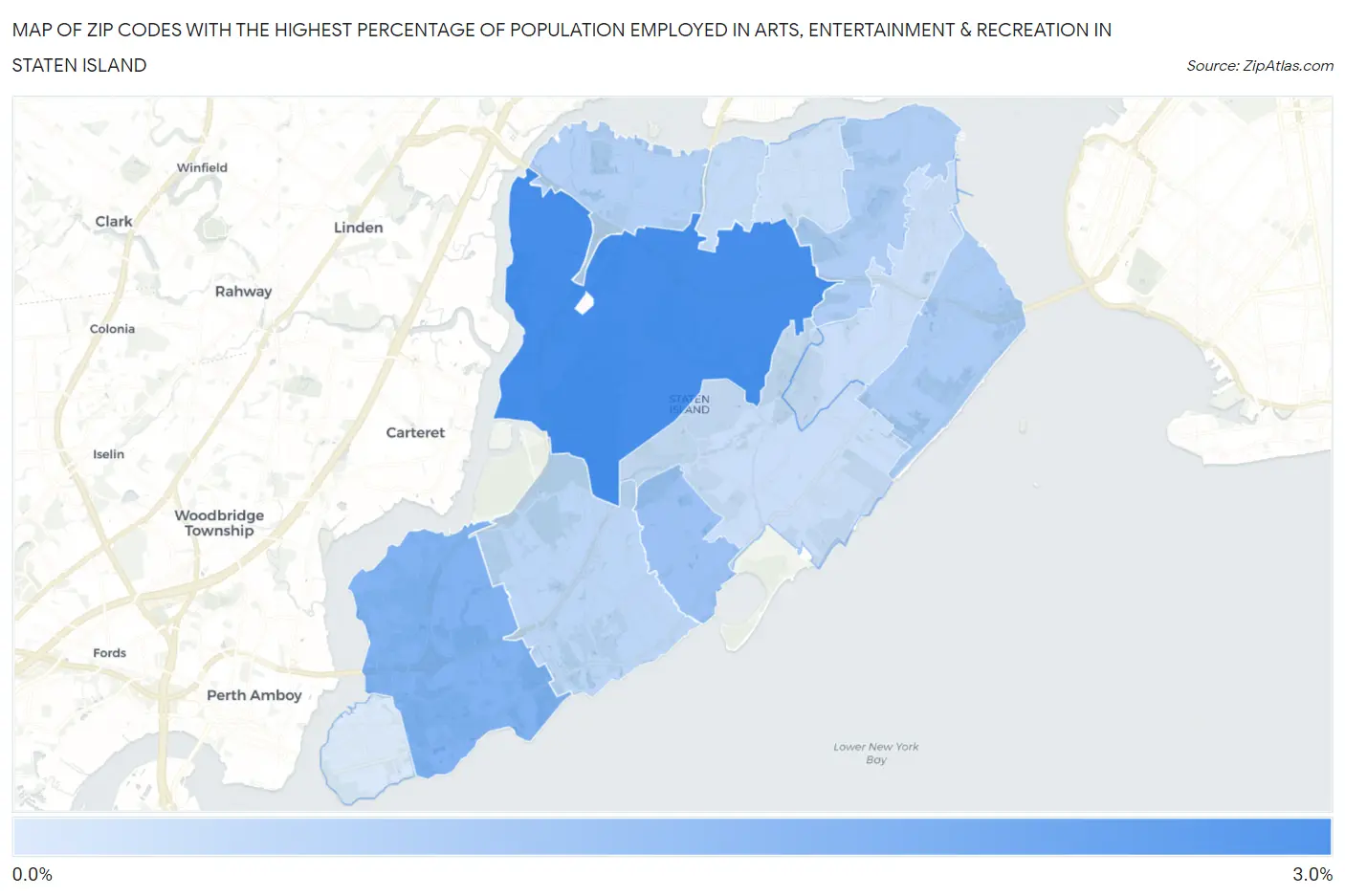 Zip Codes with the Highest Percentage of Population Employed in Arts, Entertainment & Recreation in Staten Island Map