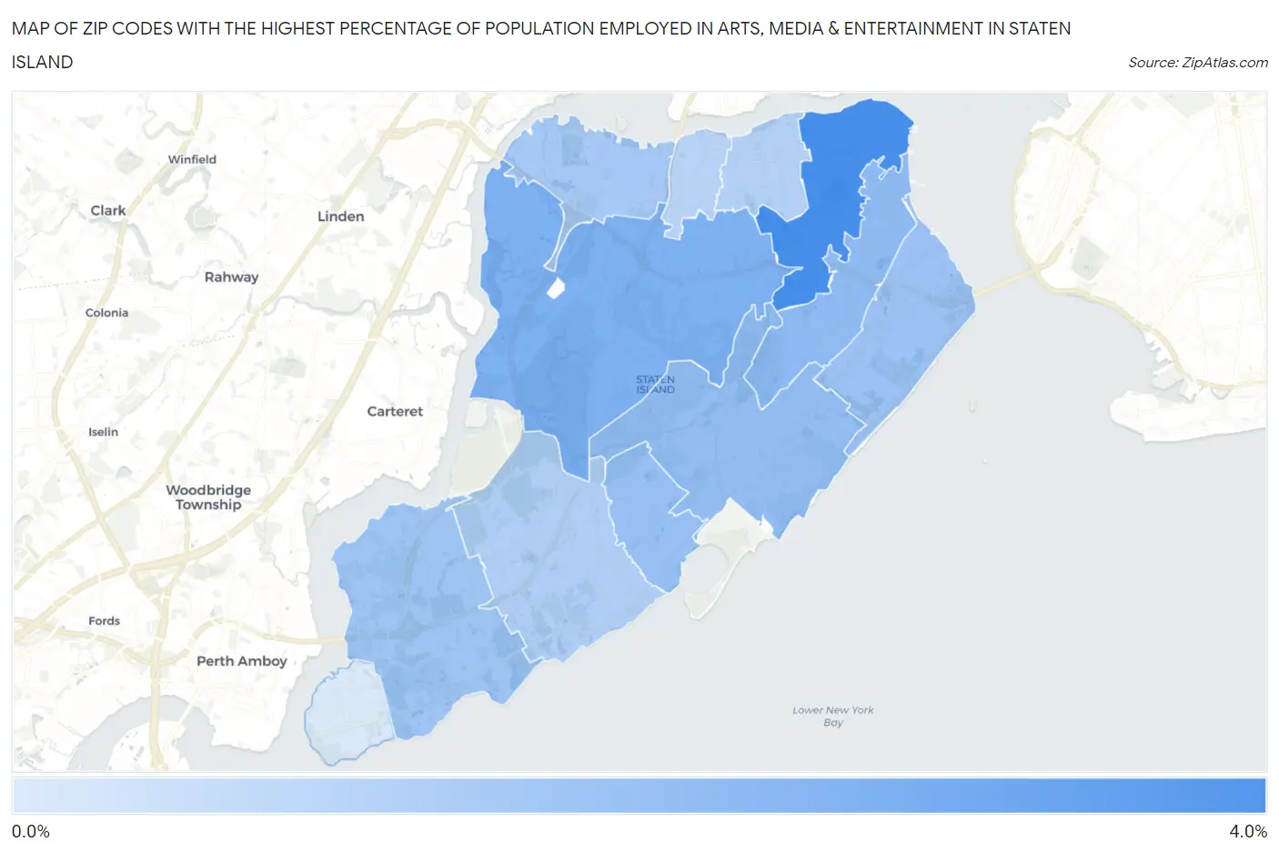 Zip Codes with the Highest Percentage of Population Employed in Arts, Media & Entertainment in Staten Island Map