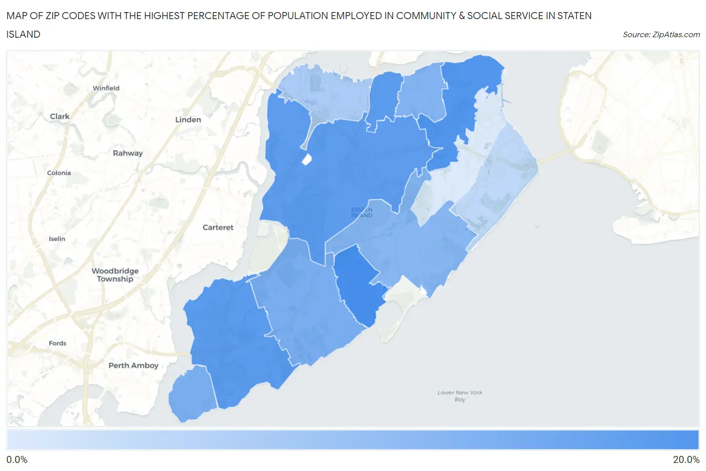 Zip Codes with the Highest Percentage of Population Employed in Community & Social Service  in Staten Island Map