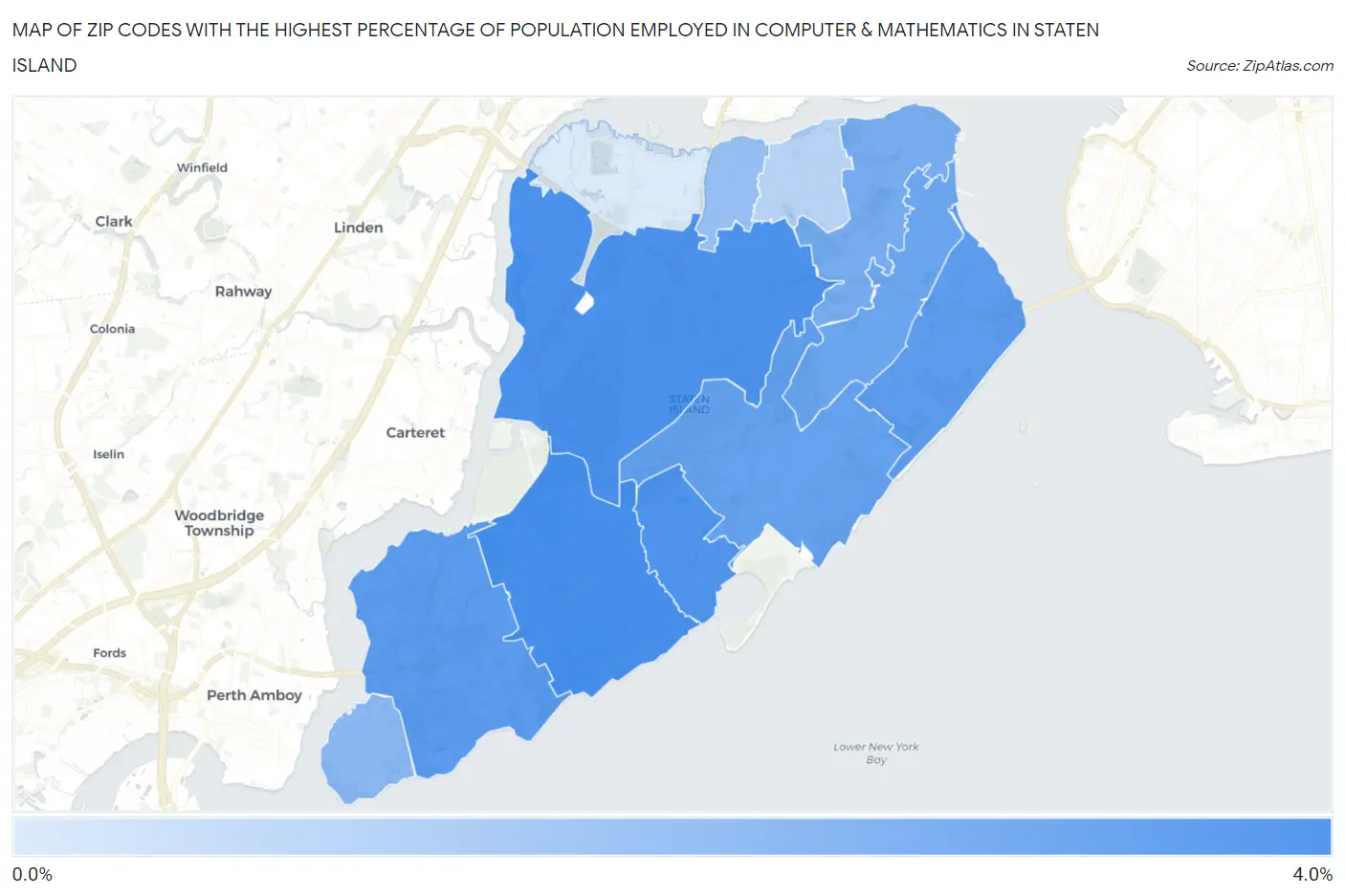 Zip Codes with the Highest Percentage of Population Employed in Computer & Mathematics in Staten Island Map