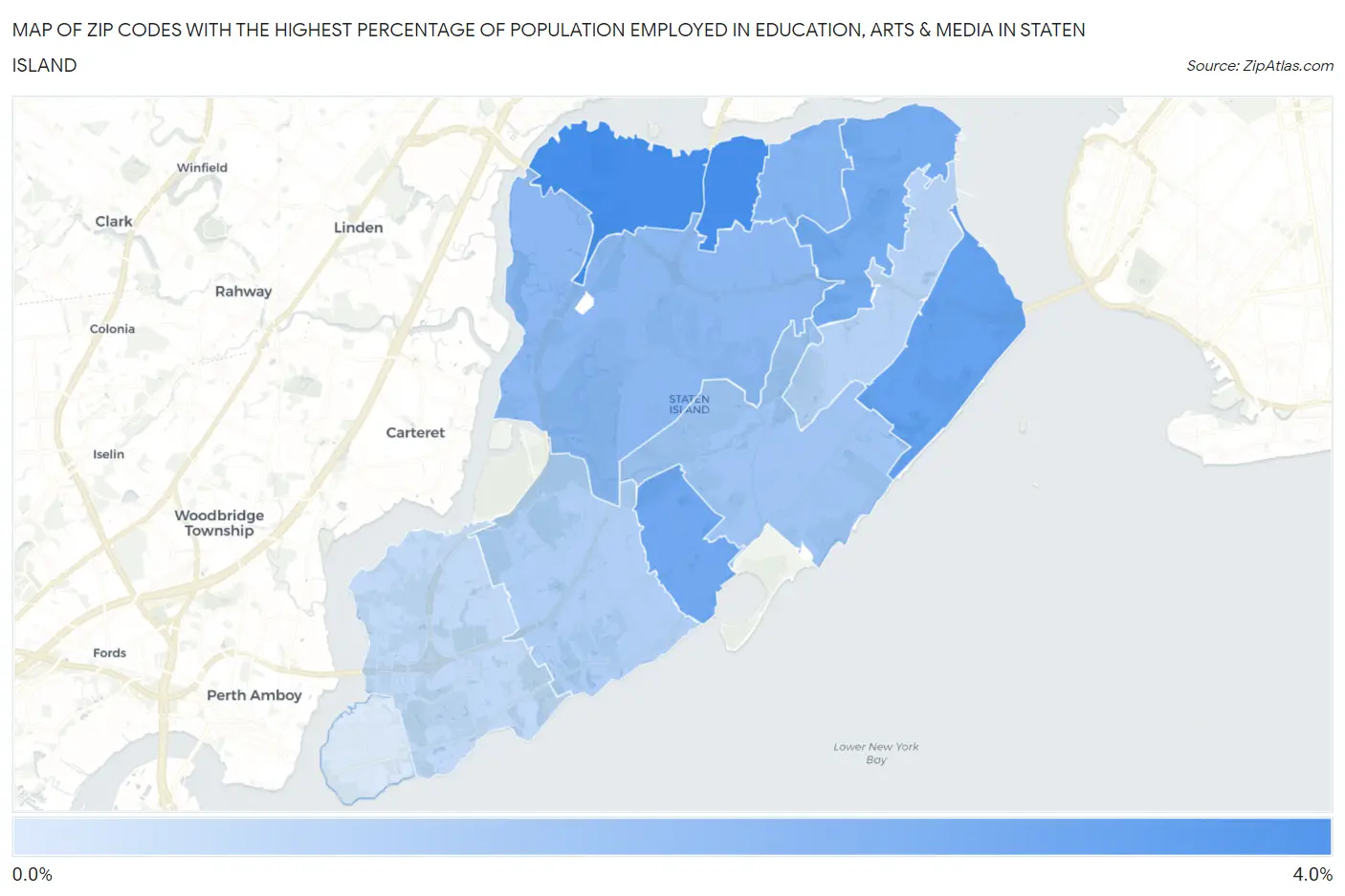 Zip Codes with the Highest Percentage of Population Employed in Education, Arts & Media in Staten Island Map