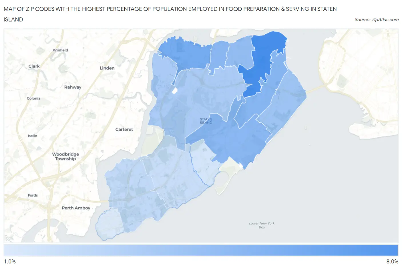 Zip Codes with the Highest Percentage of Population Employed in Food Preparation & Serving in Staten Island Map