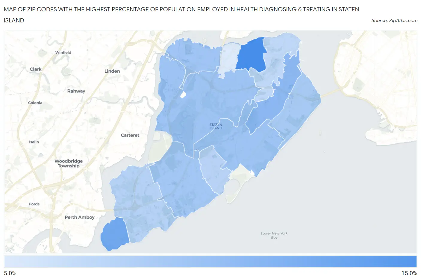 Zip Codes with the Highest Percentage of Population Employed in Health Diagnosing & Treating in Staten Island Map