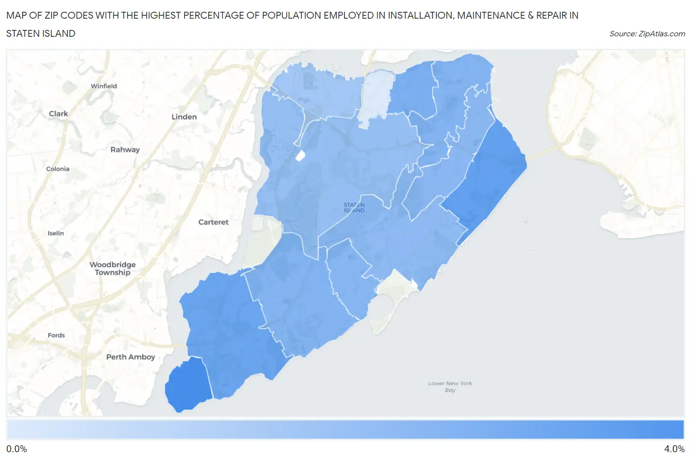 Zip Codes with the Highest Percentage of Population Employed in Installation, Maintenance & Repair in Staten Island Map