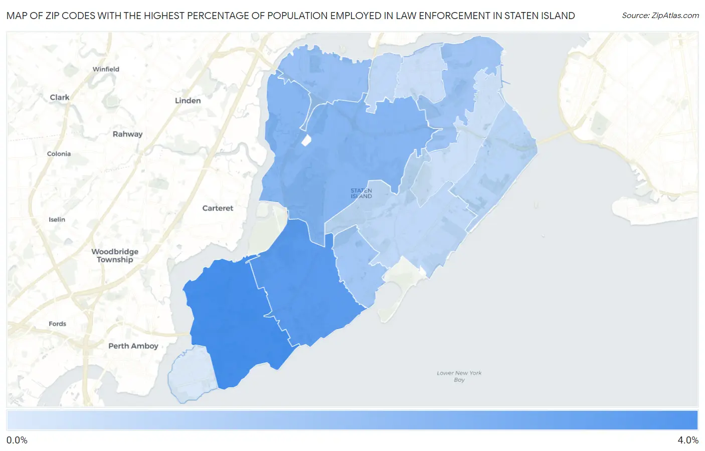 Zip Codes with the Highest Percentage of Population Employed in Law Enforcement in Staten Island Map