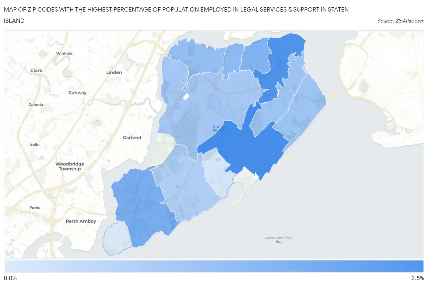 Zip Codes with the Highest Percentage of Population Employed in Legal Services & Support in Staten Island Map