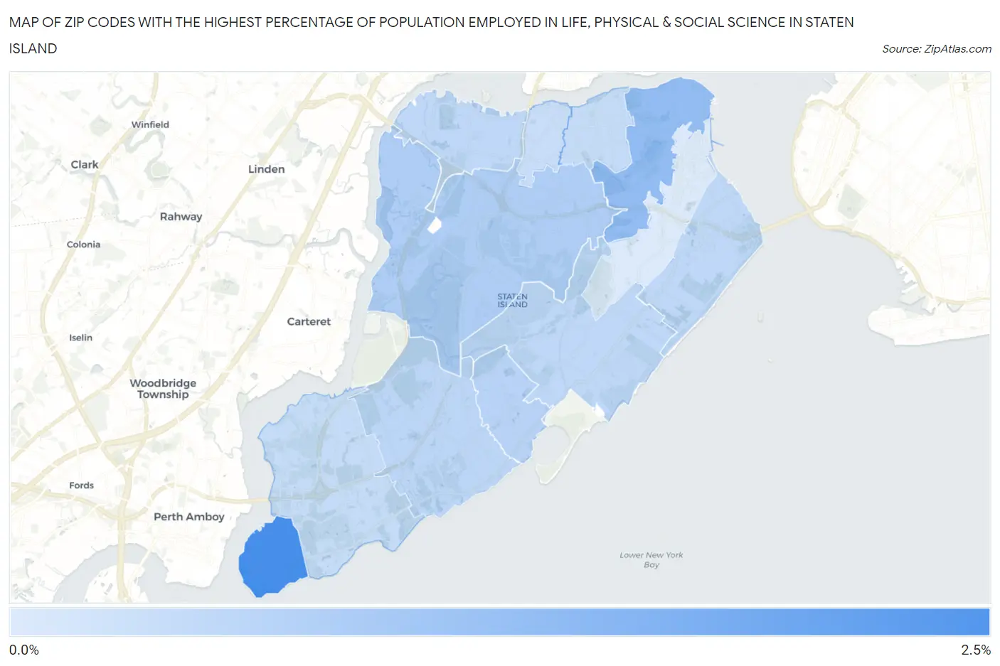 Zip Codes with the Highest Percentage of Population Employed in Life, Physical & Social Science in Staten Island Map
