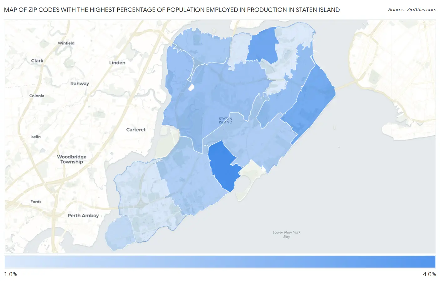Zip Codes with the Highest Percentage of Population Employed in Production in Staten Island Map