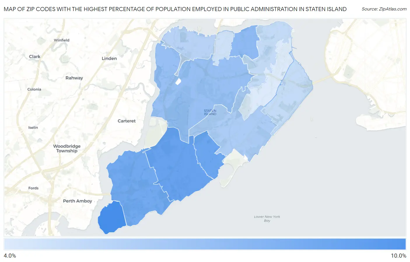 Zip Codes with the Highest Percentage of Population Employed in Public Administration in Staten Island Map