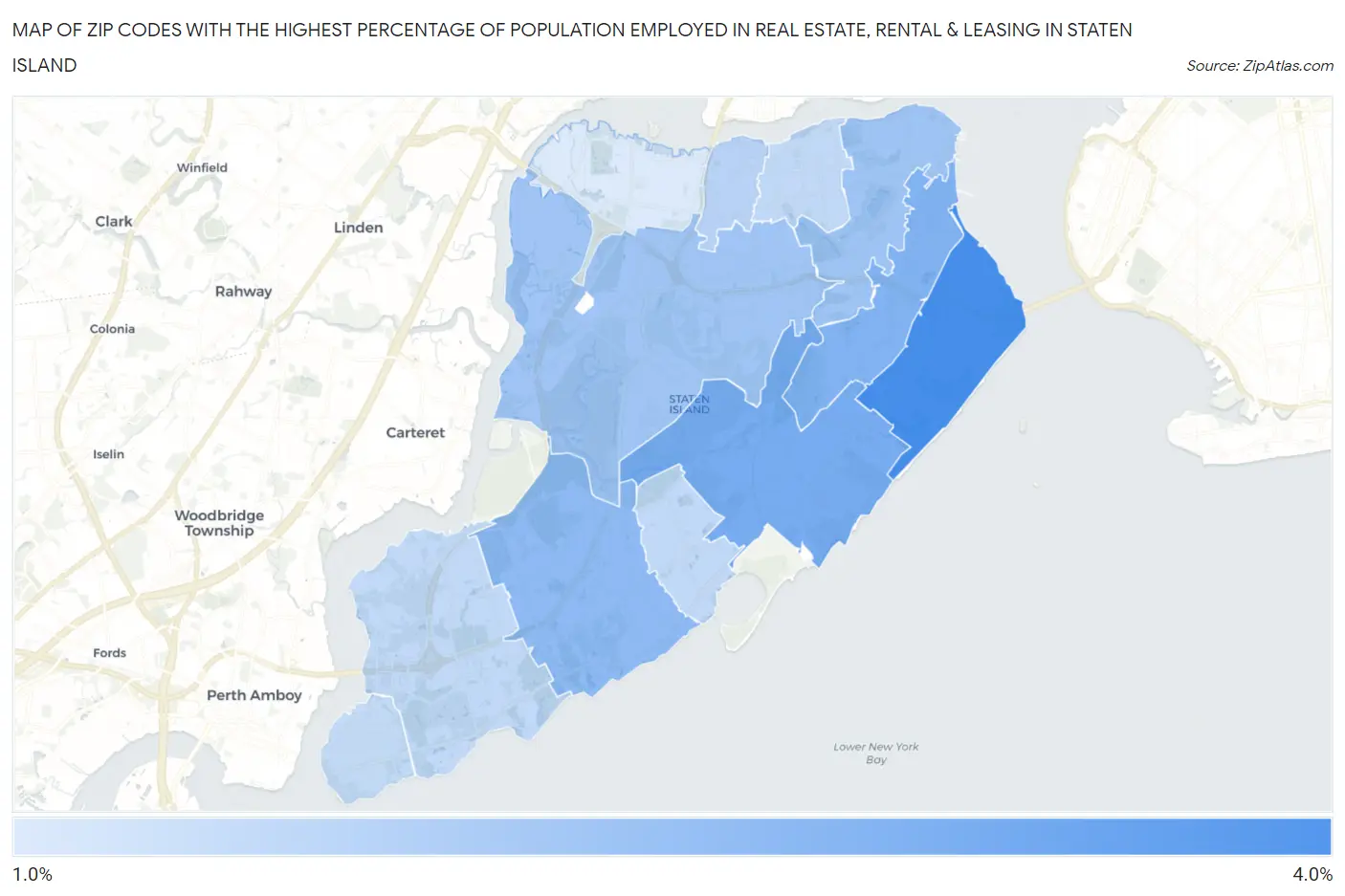 Zip Codes with the Highest Percentage of Population Employed in Real Estate, Rental & Leasing in Staten Island Map