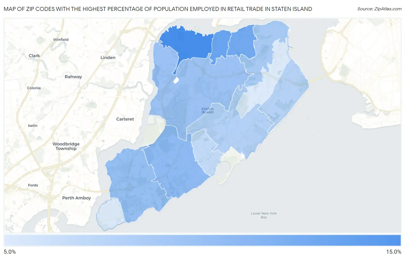 Zip Codes with the Highest Percentage of Population Employed in Retail Trade in Staten Island Map