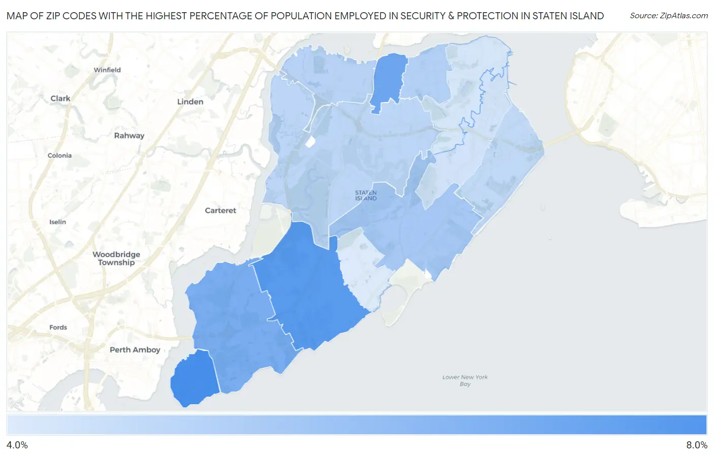 Zip Codes with the Highest Percentage of Population Employed in Security & Protection in Staten Island Map