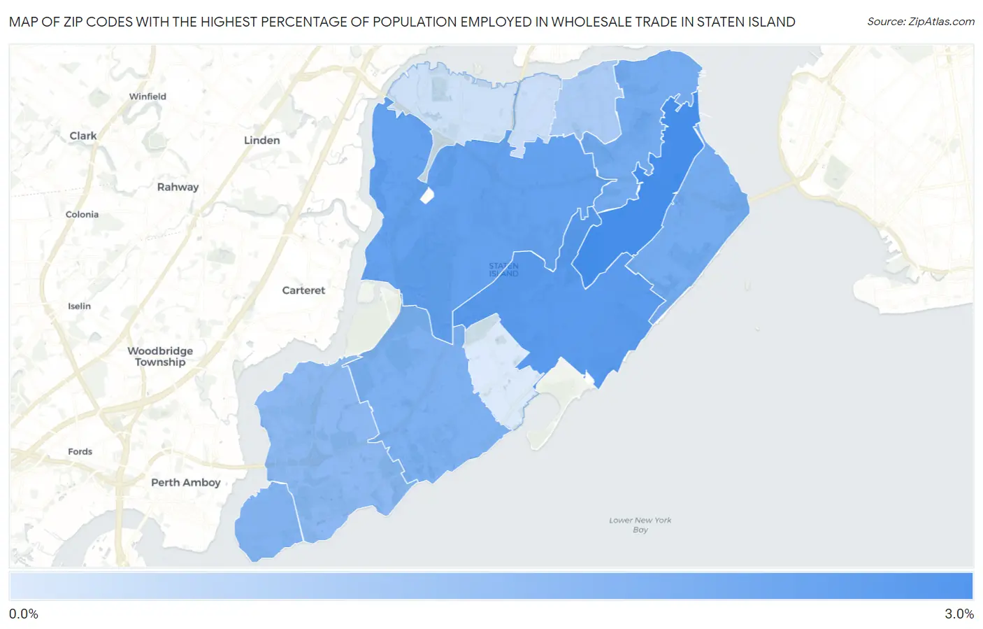 Zip Codes with the Highest Percentage of Population Employed in Wholesale Trade in Staten Island Map