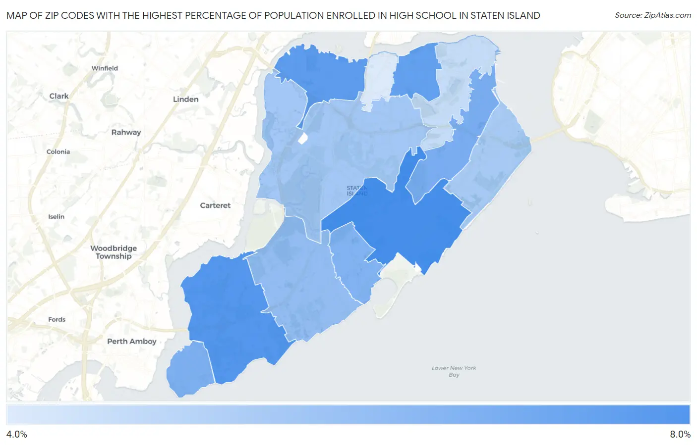 Zip Codes with the Highest Percentage of Population Enrolled in High School in Staten Island Map