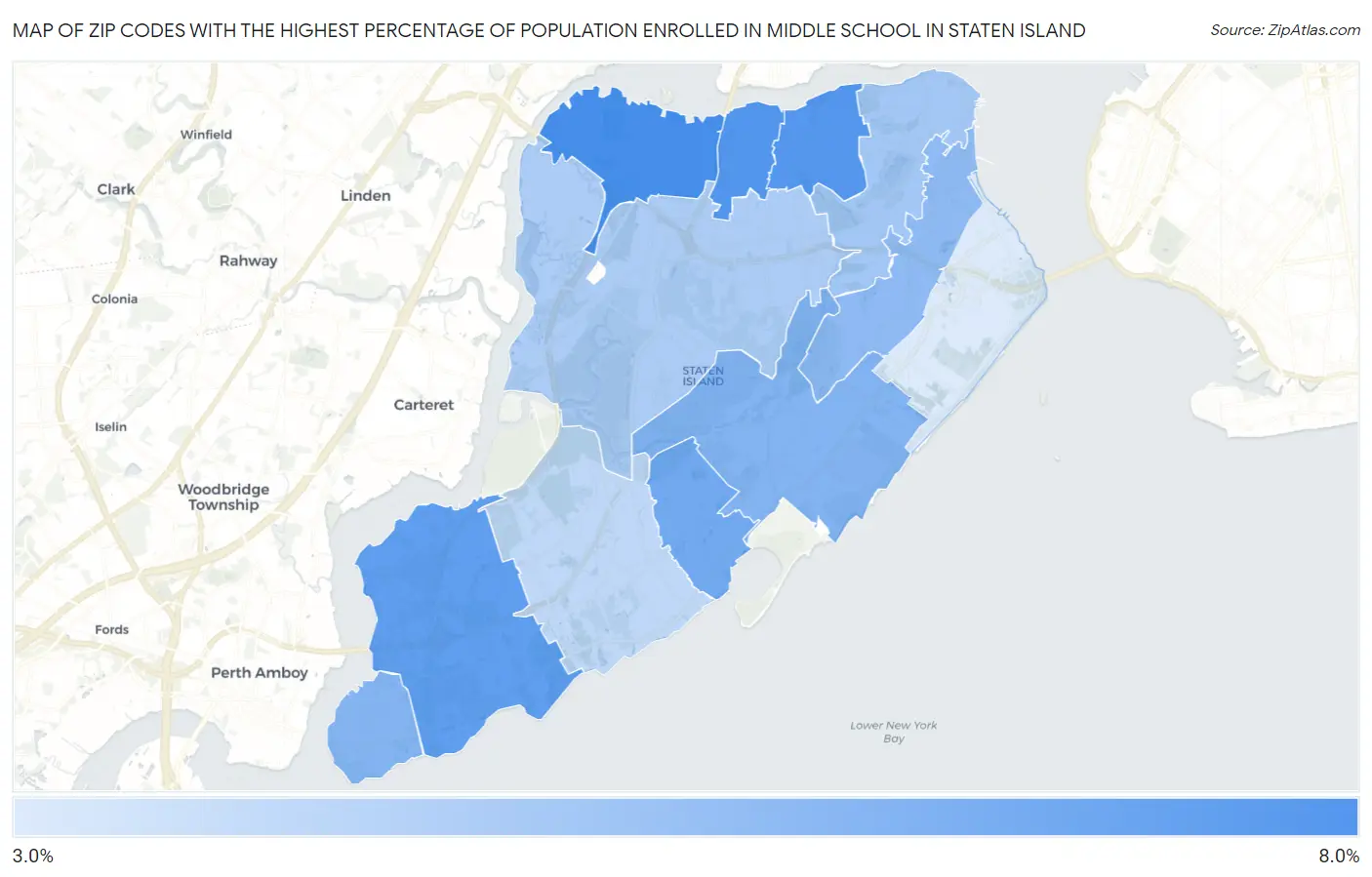 Zip Codes with the Highest Percentage of Population Enrolled in Middle School in Staten Island Map