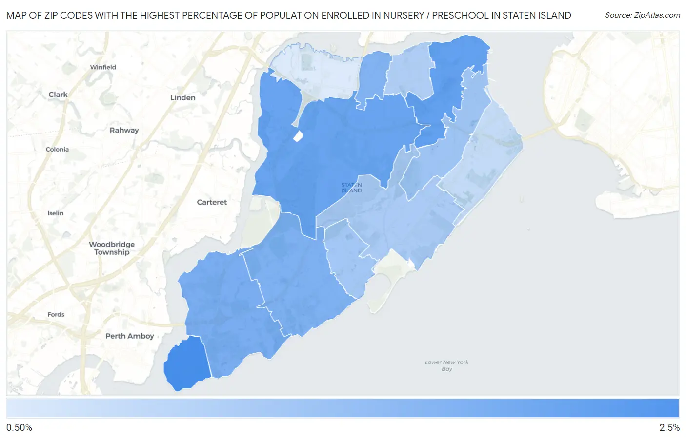 Zip Codes with the Highest Percentage of Population Enrolled in Nursery / Preschool in Staten Island Map