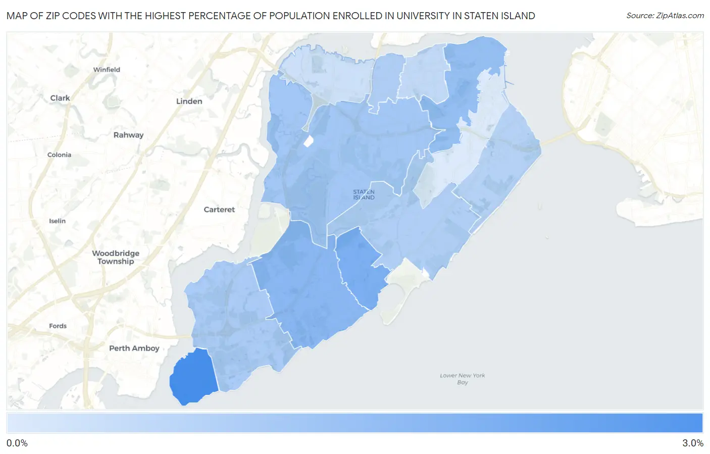 Zip Codes with the Highest Percentage of Population Enrolled in University in Staten Island Map