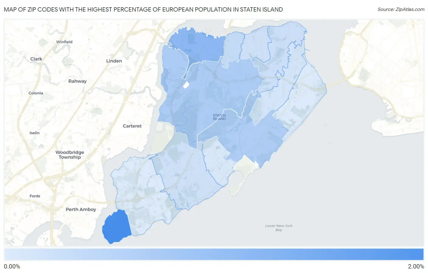 Zip Codes with the Highest Percentage of European Population in Staten Island Map