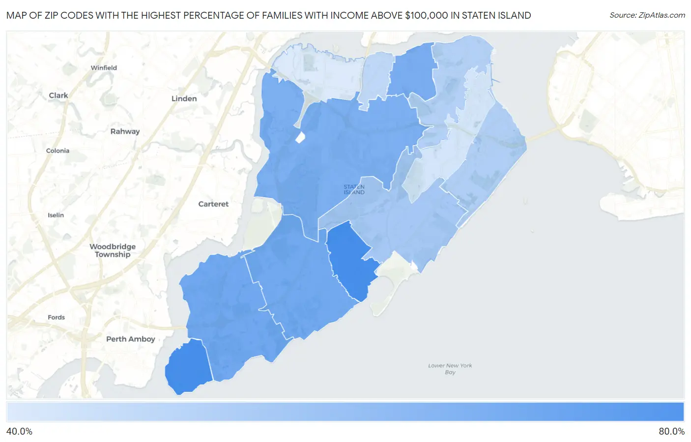 Zip Codes with the Highest Percentage of Families with Income Above $100,000 in Staten Island Map