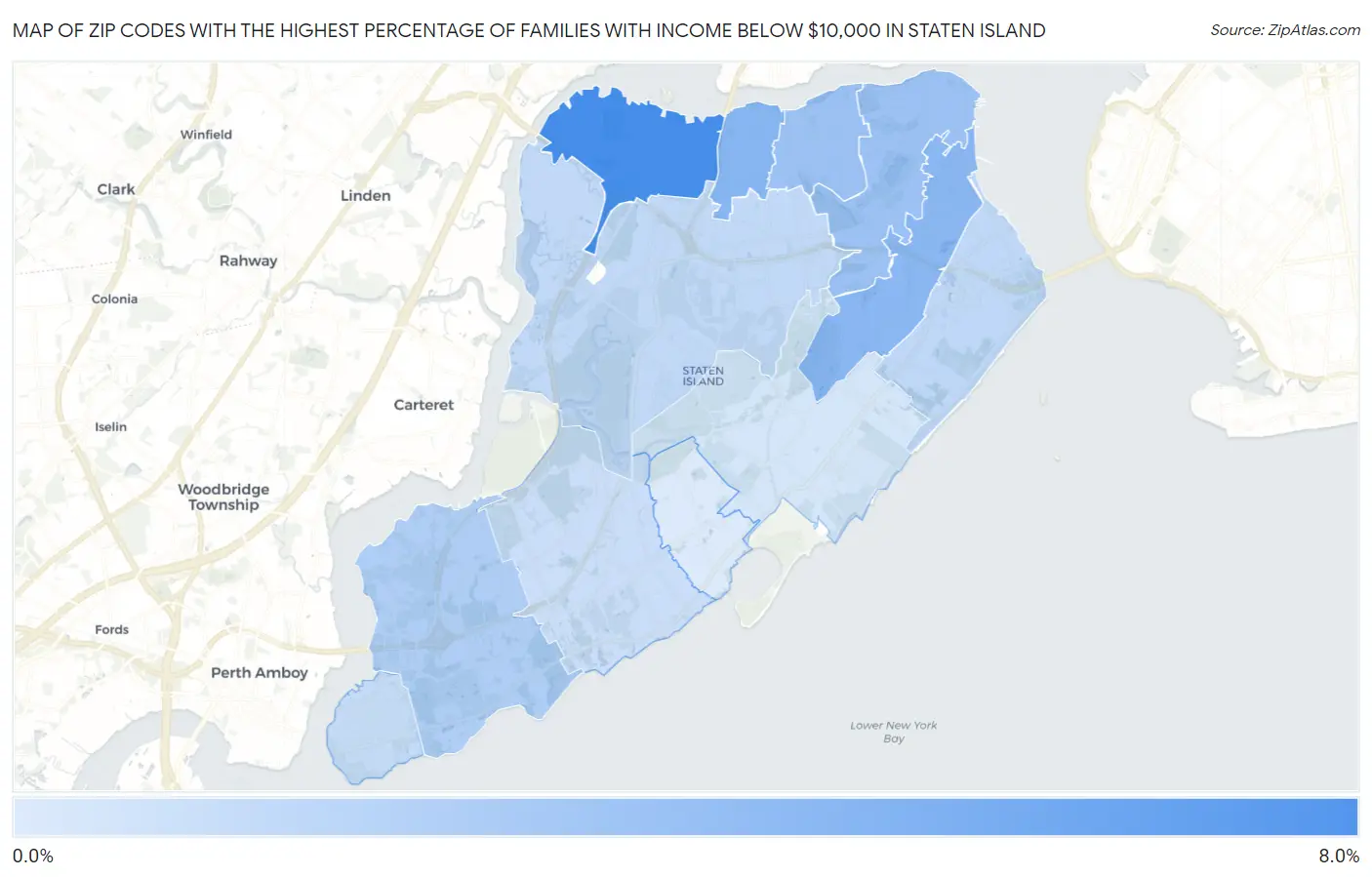 Zip Codes with the Highest Percentage of Families with Income Below $10,000 in Staten Island Map