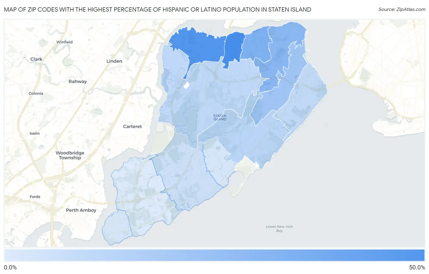 Zip Codes with the Highest Percentage of Hispanic or Latino Population in Staten Island Map
