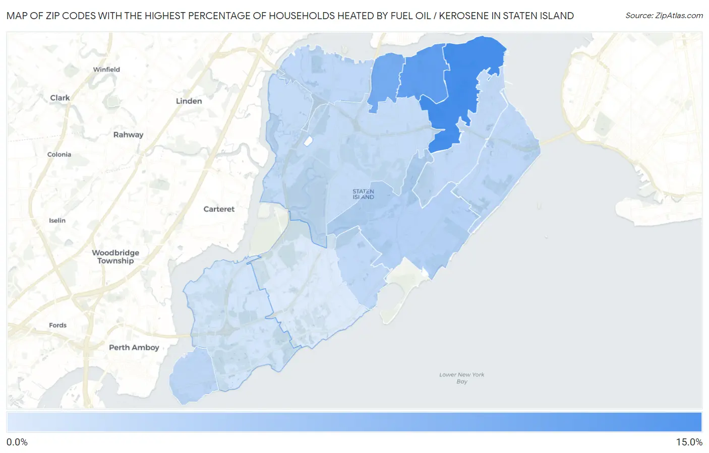Zip Codes with the Highest Percentage of Households Heated by Fuel Oil / Kerosene in Staten Island Map