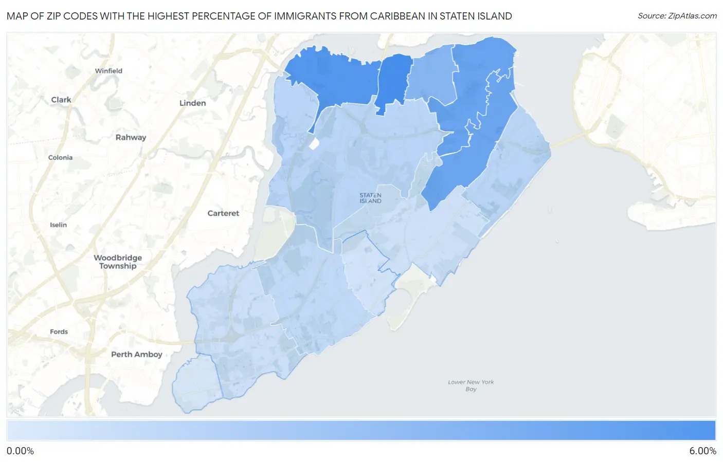 Zip Codes with the Highest Percentage of Immigrants from Caribbean in Staten Island Map