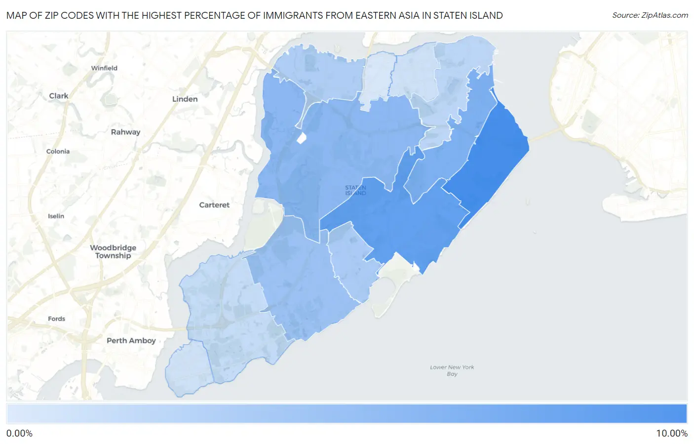 Zip Codes with the Highest Percentage of Immigrants from Eastern Asia in Staten Island Map