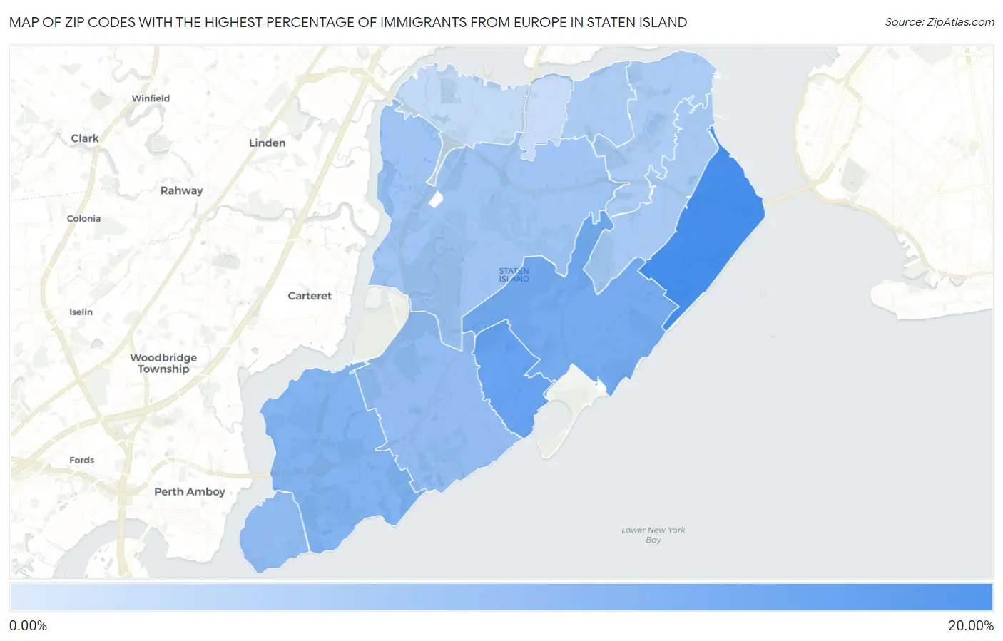 Zip Codes with the Highest Percentage of Immigrants from Europe in Staten Island Map