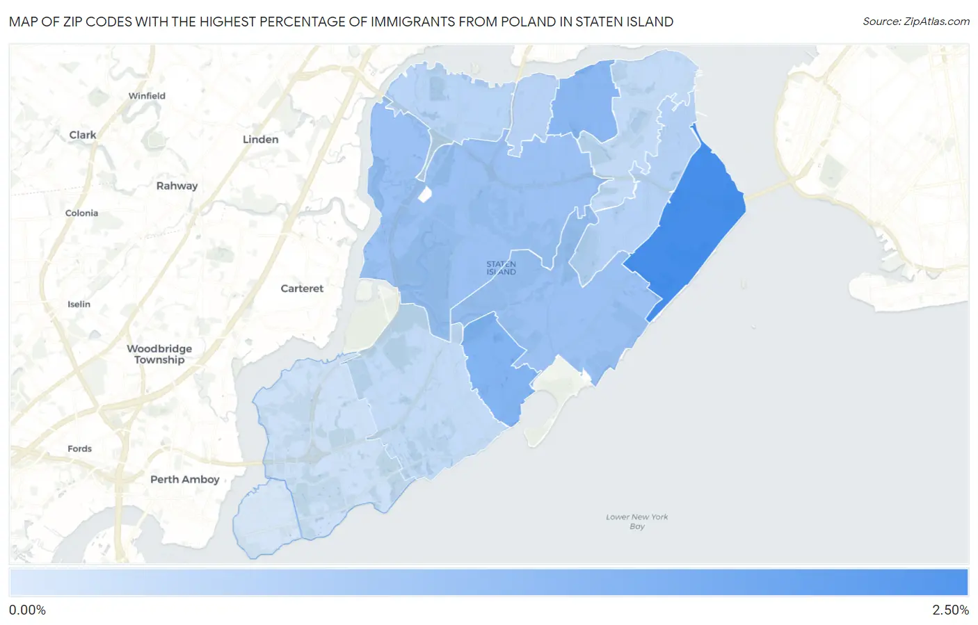 Zip Codes with the Highest Percentage of Immigrants from Poland in Staten Island Map