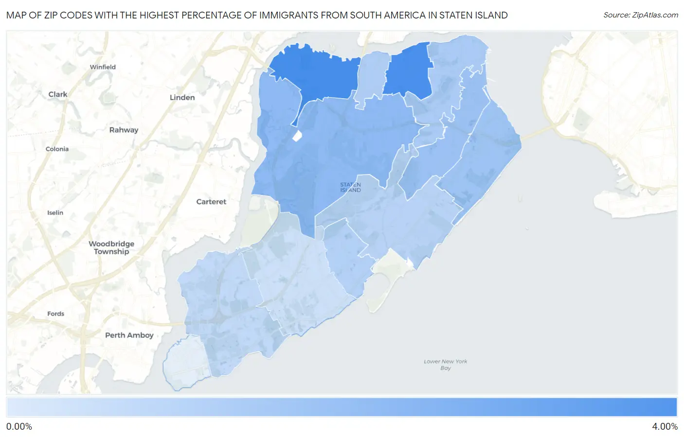 Zip Codes with the Highest Percentage of Immigrants from South America in Staten Island Map