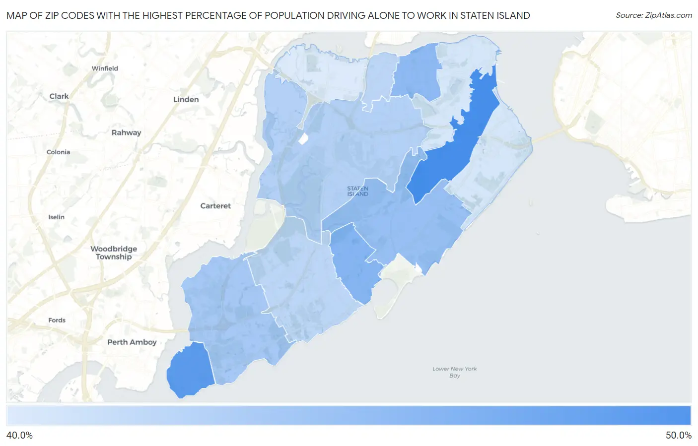 Zip Codes with the Highest Percentage of Population Driving Alone to Work in Staten Island Map