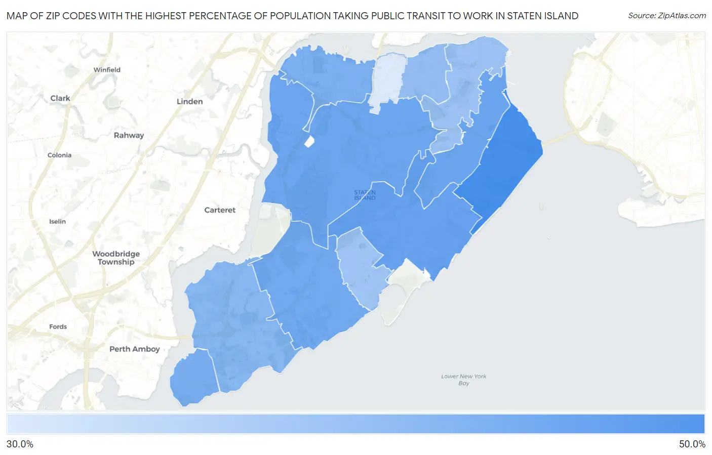 Zip Codes with the Highest Percentage of Population Taking Public Transit to Work in Staten Island Map