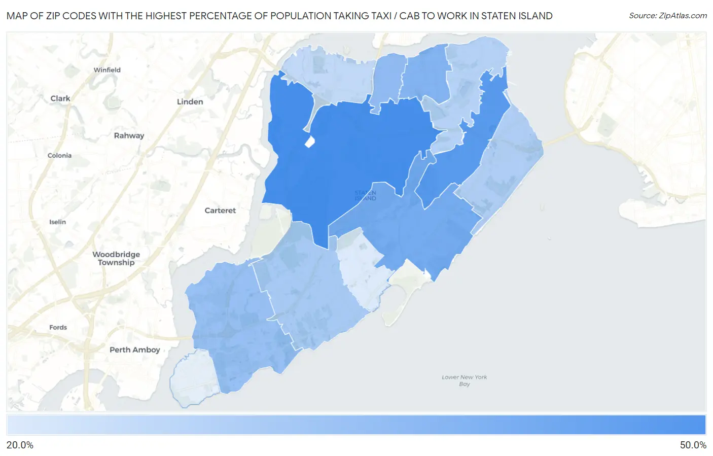 Zip Codes with the Highest Percentage of Population Taking Taxi / Cab to Work in Staten Island Map