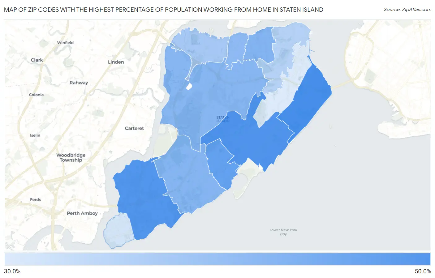 Zip Codes with the Highest Percentage of Population Working from Home in Staten Island Map