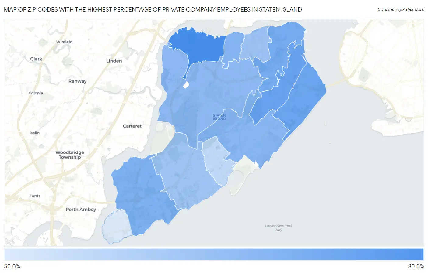 Zip Codes with the Highest Percentage of Private Company Employees in Staten Island Map