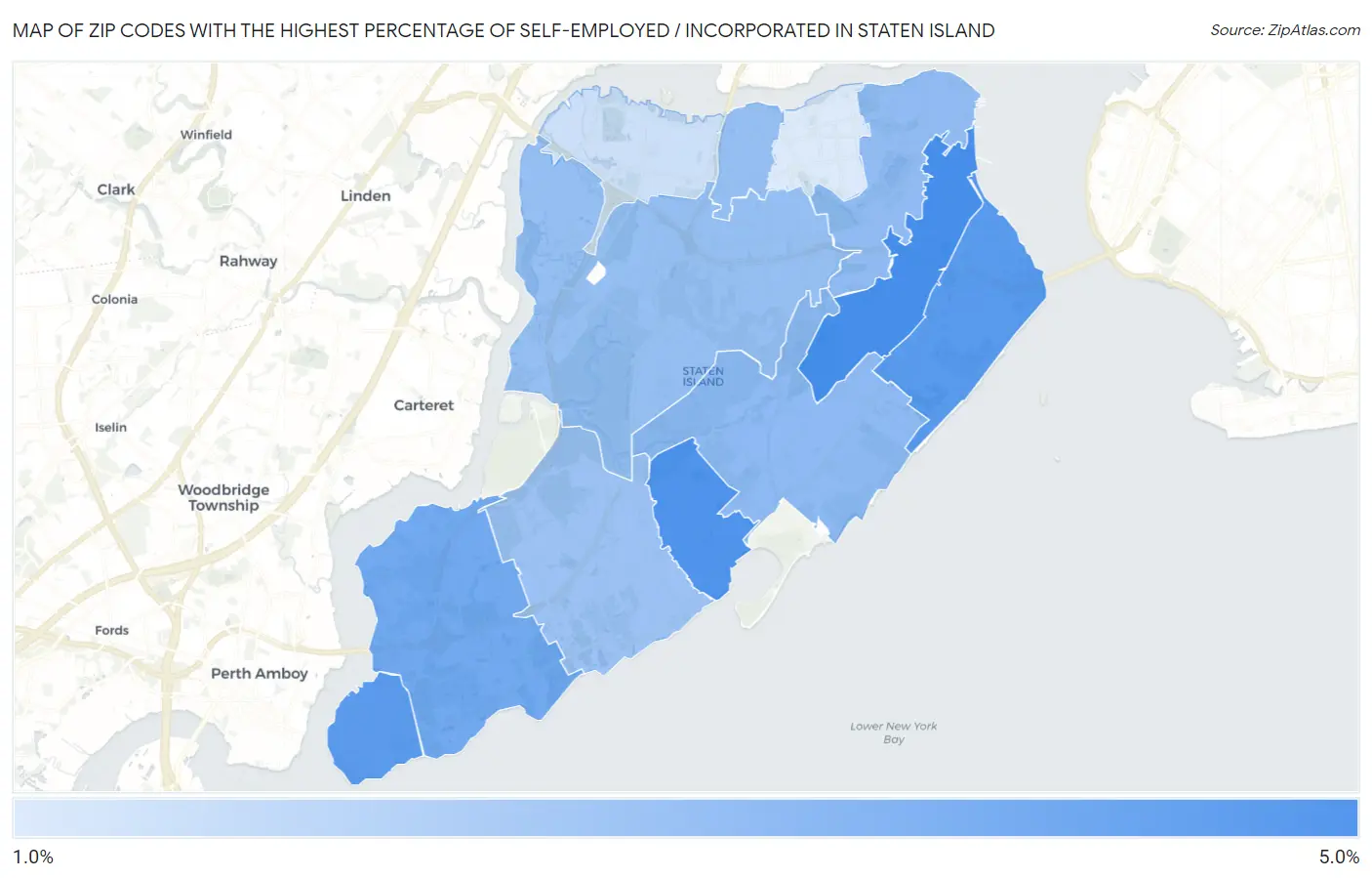 Zip Codes with the Highest Percentage of Self-Employed / Incorporated in Staten Island Map