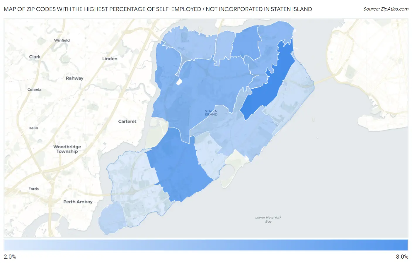 Zip Codes with the Highest Percentage of Self-Employed / Not Incorporated in Staten Island Map