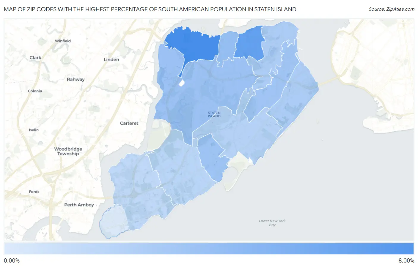 Zip Codes with the Highest Percentage of South American Population in Staten Island Map
