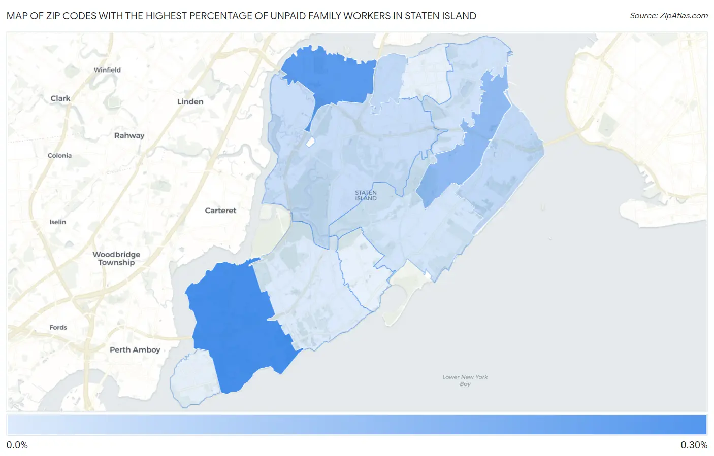 Zip Codes with the Highest Percentage of Unpaid Family Workers in Staten Island Map