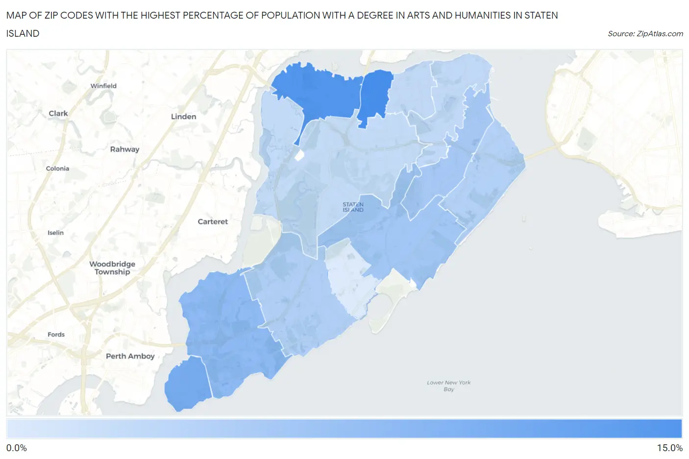 Zip Codes with the Highest Percentage of Population with a Degree in Arts and Humanities in Staten Island Map